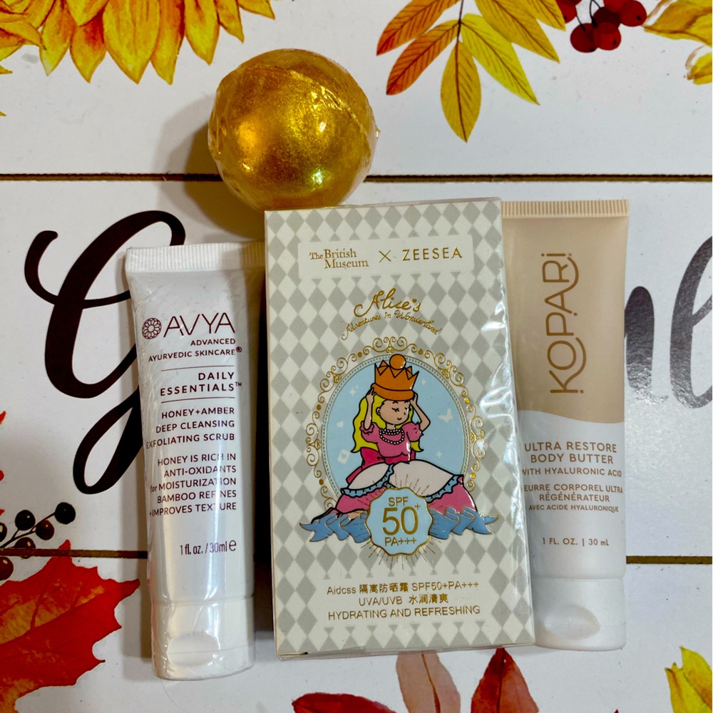 Skincare 4 items all new 1-bath bomb 2- body butter 3- sunscreen 4- cleanser